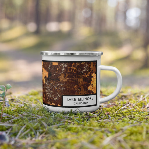 Right View Custom Lake Elsinore California Map Enamel Mug in Ember on Grass With Trees in Background