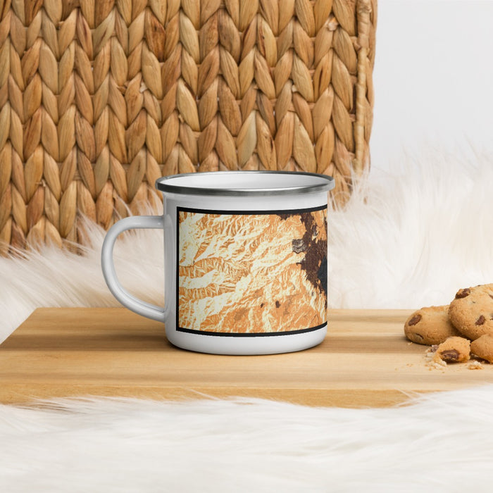 Left View Custom Lake Elsinore California Map Enamel Mug in Ember on Table Top