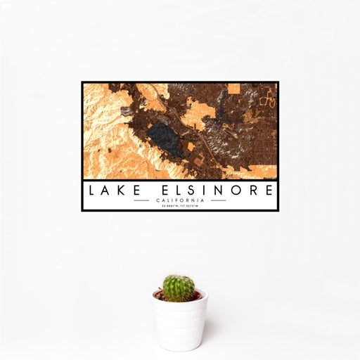 12x18 Lake Elsinore California Map Print Landscape Orientation in Ember Style With Small Cactus Plant in White Planter