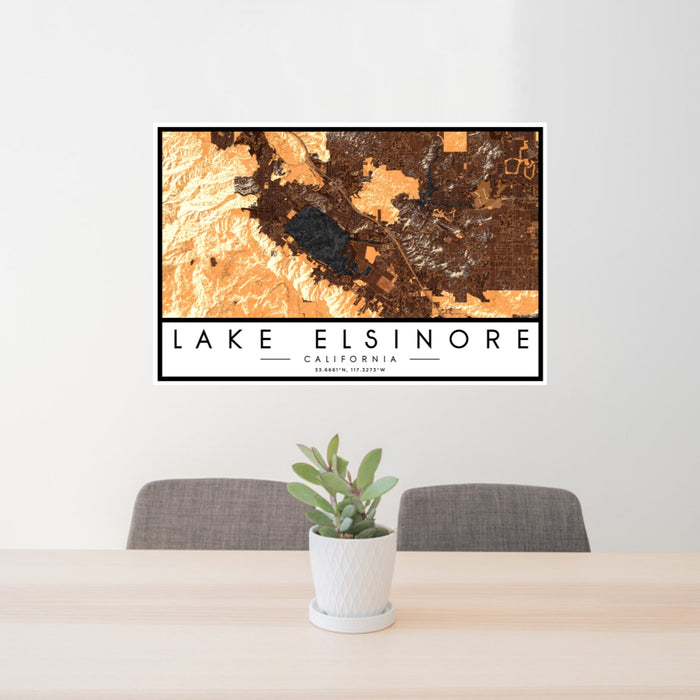 24x36 Lake Elsinore California Map Print Landscape Orientation in Ember Style Behind 2 Chairs Table and Potted Plant