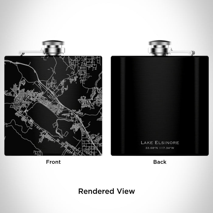 Rendered View of Lake Elsinore California Map Engraving on 6oz Stainless Steel Flask in Black