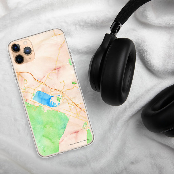 Custom Lake Elsinore California Map Phone Case in Watercolor on Table with Black Headphones