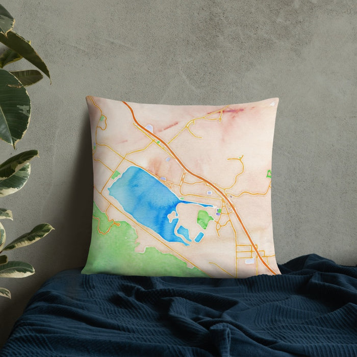 Custom Lake Elsinore California Map Throw Pillow in Watercolor on Bedding Against Wall