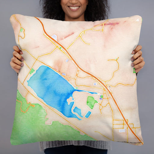Person holding 22x22 Custom Lake Elsinore California Map Throw Pillow in Watercolor