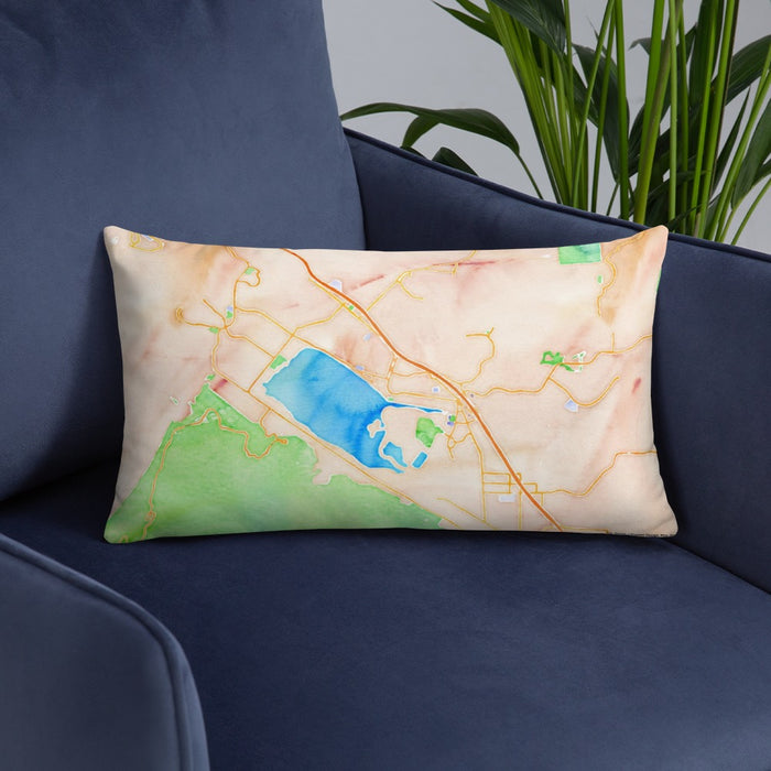 Custom Lake Elsinore California Map Throw Pillow in Watercolor on Blue Colored Chair