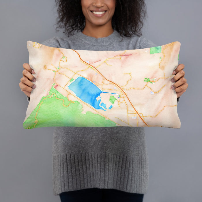 Person holding 20x12 Custom Lake Elsinore California Map Throw Pillow in Watercolor