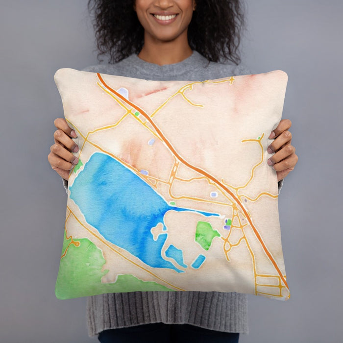 Person holding 18x18 Custom Lake Elsinore California Map Throw Pillow in Watercolor