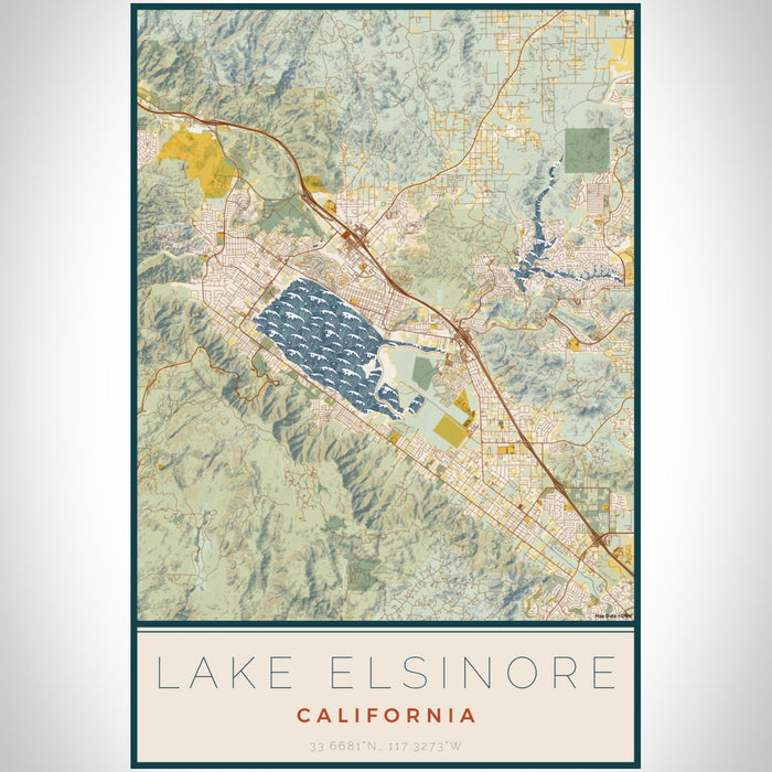 Lake Elsinore California Map Print Portrait Orientation in Woodblock Style With Shaded Background