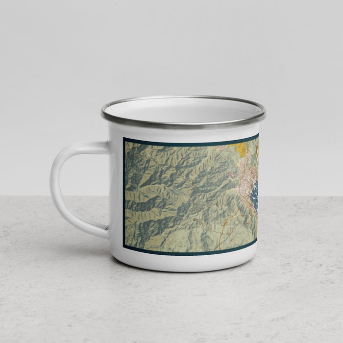 Left View Custom Lake Elsinore California Map Enamel Mug in Woodblock