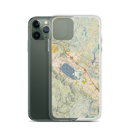 Custom Lake Elsinore California Map Phone Case in Woodblock on Table with Laptop and Plant