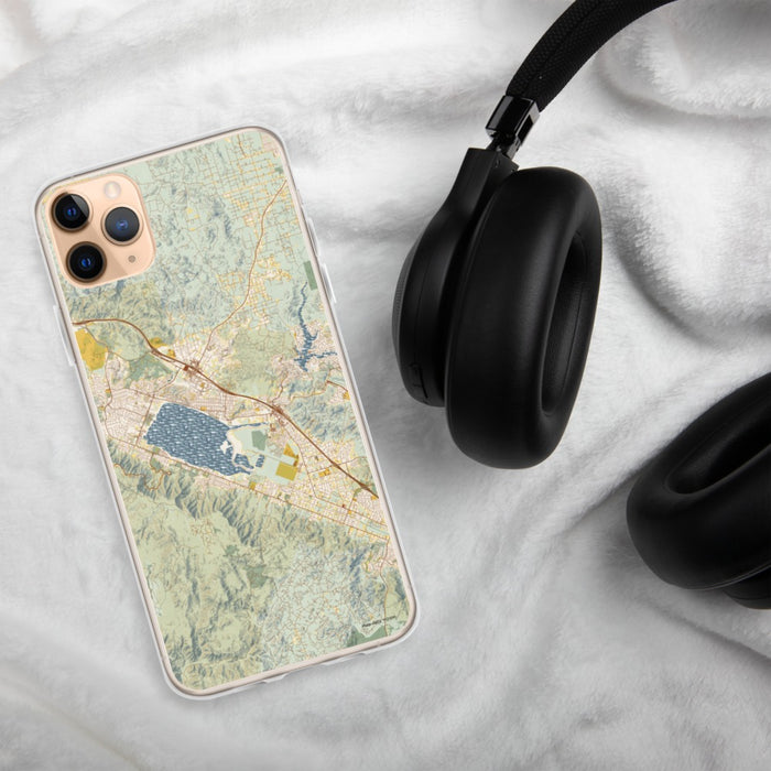 Custom Lake Elsinore California Map Phone Case in Woodblock on Table with Black Headphones