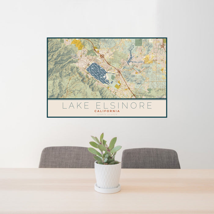 24x36 Lake Elsinore California Map Print Landscape Orientation in Woodblock Style Behind 2 Chairs Table and Potted Plant