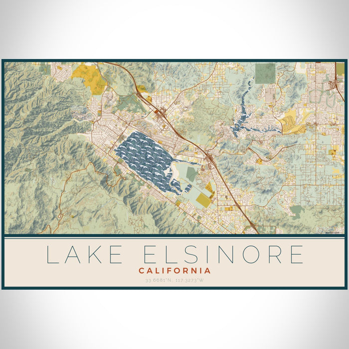 Lake Elsinore California Map Print Landscape Orientation in Woodblock Style With Shaded Background