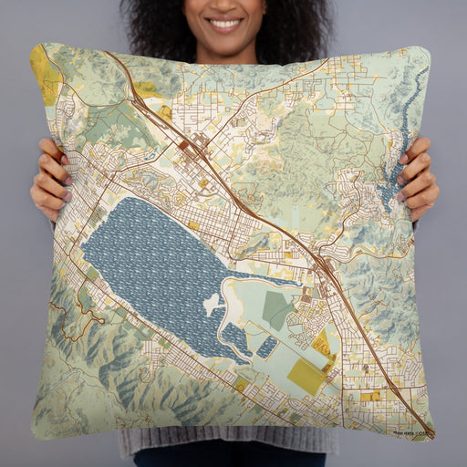 Person holding 22x22 Custom Lake Elsinore California Map Throw Pillow in Woodblock