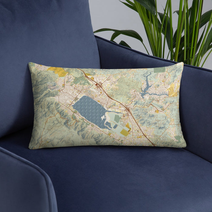 Custom Lake Elsinore California Map Throw Pillow in Woodblock on Blue Colored Chair