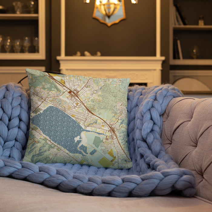 Custom Lake Elsinore California Map Throw Pillow in Woodblock on Cream Colored Couch