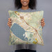Person holding 18x18 Custom Lake Elsinore California Map Throw Pillow in Woodblock