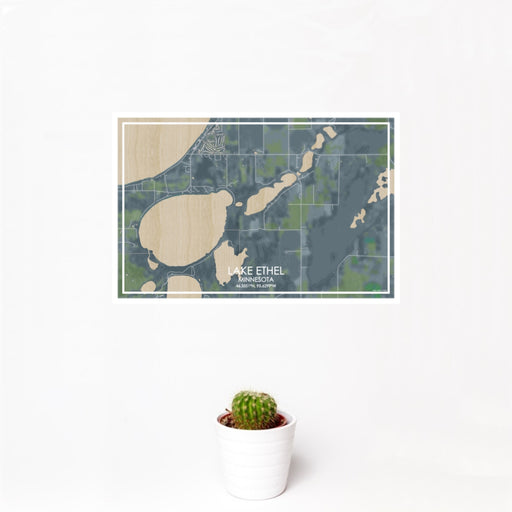 12x18 Lake Ethel Minnesota Map Print Landscape Orientation in Afternoon Style With Small Cactus Plant in White Planter