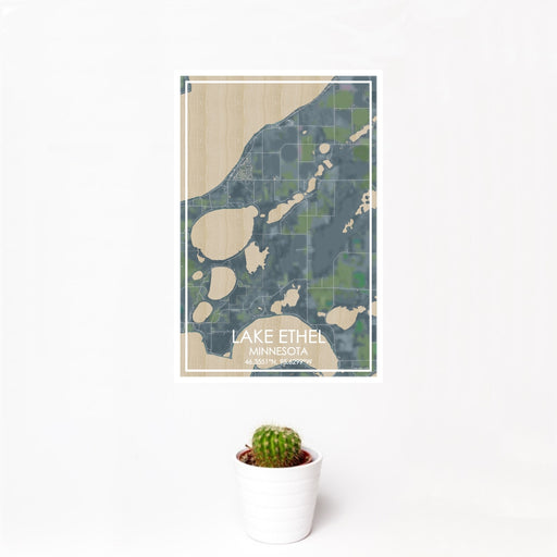 12x18 Lake Ethel Minnesota Map Print Portrait Orientation in Afternoon Style With Small Cactus Plant in White Planter