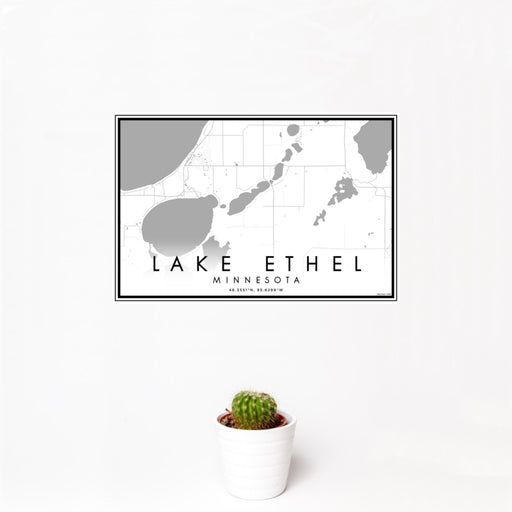 12x18 Lake Ethel Minnesota Map Print Landscape Orientation in Classic Style With Small Cactus Plant in White Planter