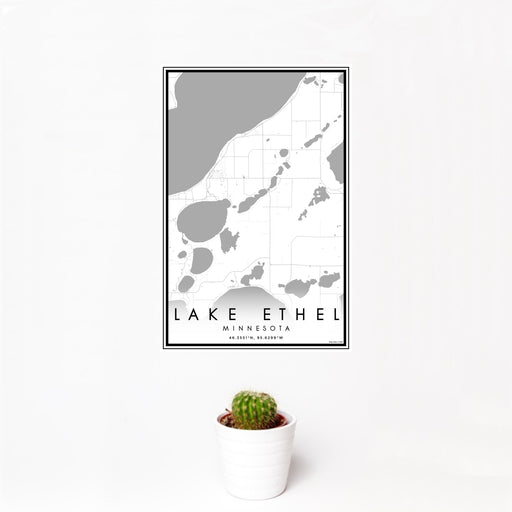 12x18 Lake Ethel Minnesota Map Print Portrait Orientation in Classic Style With Small Cactus Plant in White Planter