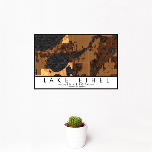 12x18 Lake Ethel Minnesota Map Print Landscape Orientation in Ember Style With Small Cactus Plant in White Planter
