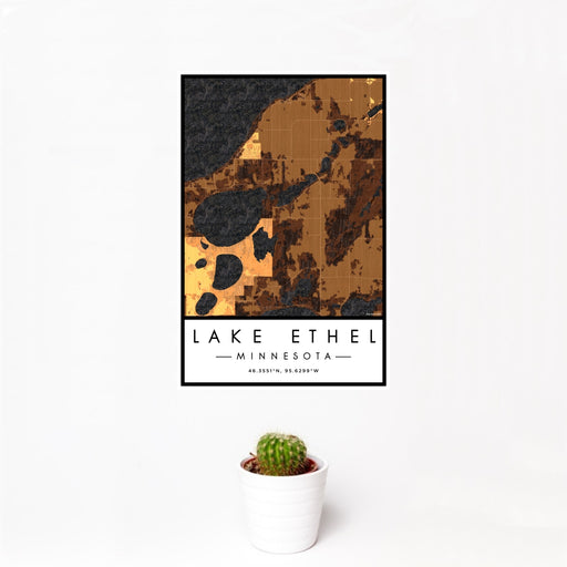12x18 Lake Ethel Minnesota Map Print Portrait Orientation in Ember Style With Small Cactus Plant in White Planter