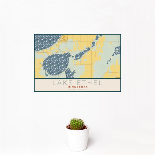 12x18 Lake Ethel Minnesota Map Print Landscape Orientation in Woodblock Style With Small Cactus Plant in White Planter