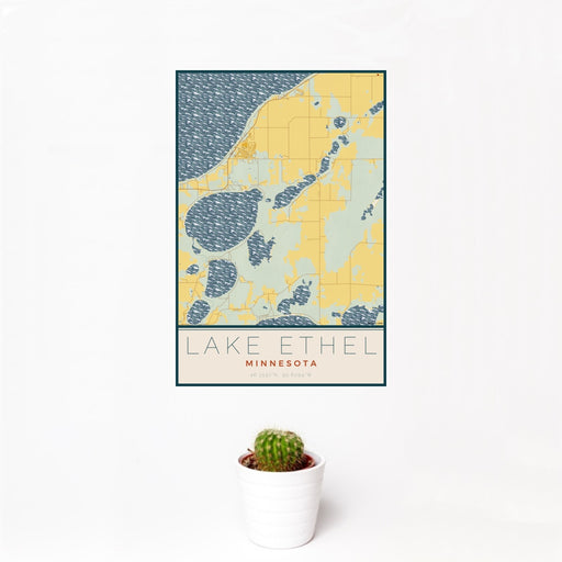 12x18 Lake Ethel Minnesota Map Print Portrait Orientation in Woodblock Style With Small Cactus Plant in White Planter