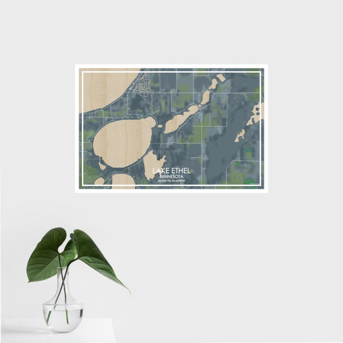 16x24 Lake Ethel Minnesota Map Print Landscape Orientation in Afternoon Style With Tropical Plant Leaves in Water