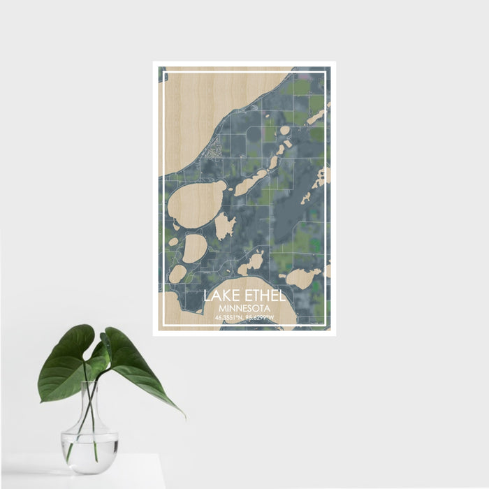 16x24 Lake Ethel Minnesota Map Print Portrait Orientation in Afternoon Style With Tropical Plant Leaves in Water