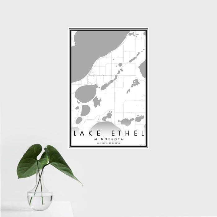 16x24 Lake Ethel Minnesota Map Print Portrait Orientation in Classic Style With Tropical Plant Leaves in Water