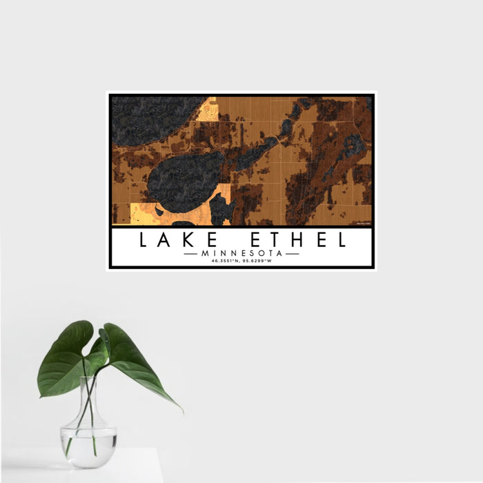 16x24 Lake Ethel Minnesota Map Print Landscape Orientation in Ember Style With Tropical Plant Leaves in Water