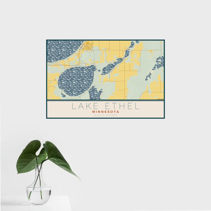 16x24 Lake Ethel Minnesota Map Print Landscape Orientation in Woodblock Style With Tropical Plant Leaves in Water