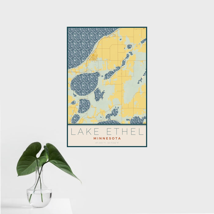 16x24 Lake Ethel Minnesota Map Print Portrait Orientation in Woodblock Style With Tropical Plant Leaves in Water