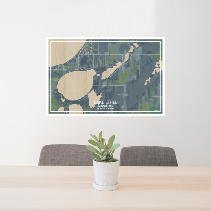 24x36 Lake Ethel Minnesota Map Print Lanscape Orientation in Afternoon Style Behind 2 Chairs Table and Potted Plant