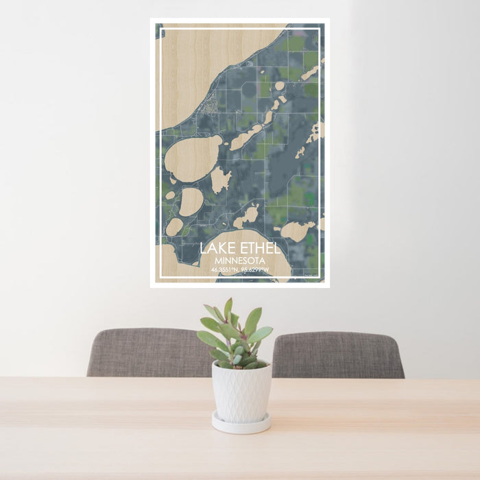 24x36 Lake Ethel Minnesota Map Print Portrait Orientation in Afternoon Style Behind 2 Chairs Table and Potted Plant