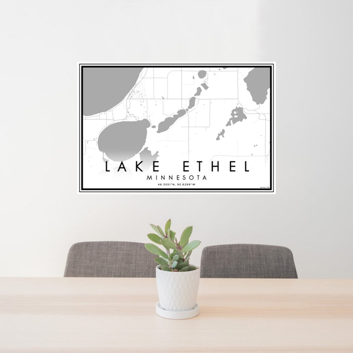 24x36 Lake Ethel Minnesota Map Print Lanscape Orientation in Classic Style Behind 2 Chairs Table and Potted Plant
