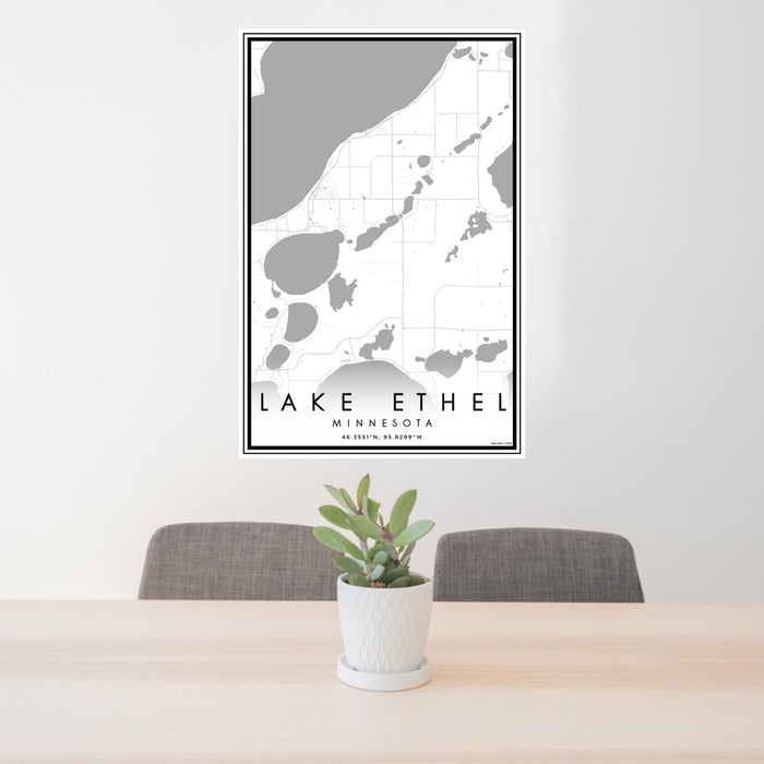 24x36 Lake Ethel Minnesota Map Print Portrait Orientation in Classic Style Behind 2 Chairs Table and Potted Plant