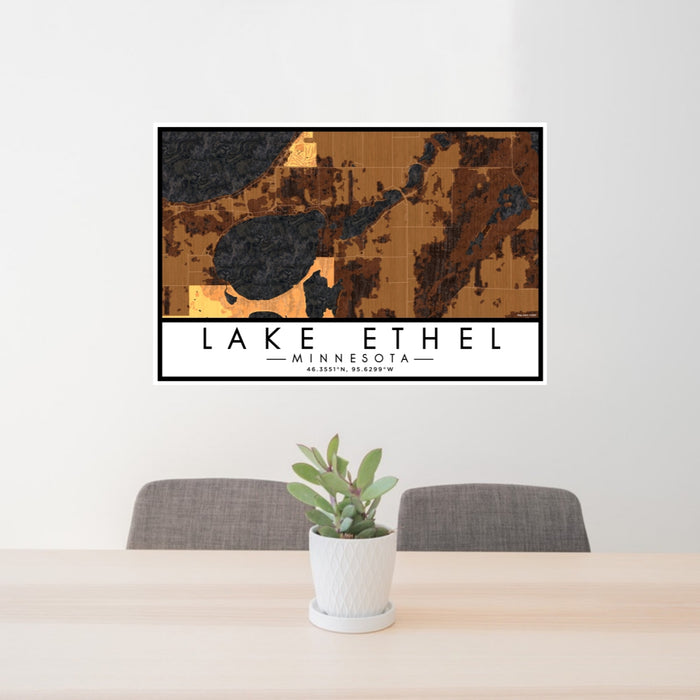 24x36 Lake Ethel Minnesota Map Print Lanscape Orientation in Ember Style Behind 2 Chairs Table and Potted Plant