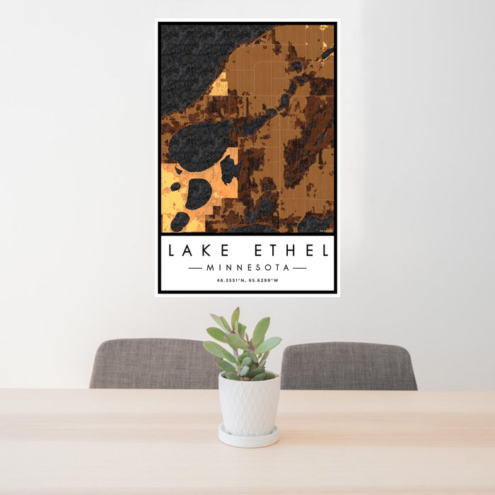24x36 Lake Ethel Minnesota Map Print Portrait Orientation in Ember Style Behind 2 Chairs Table and Potted Plant