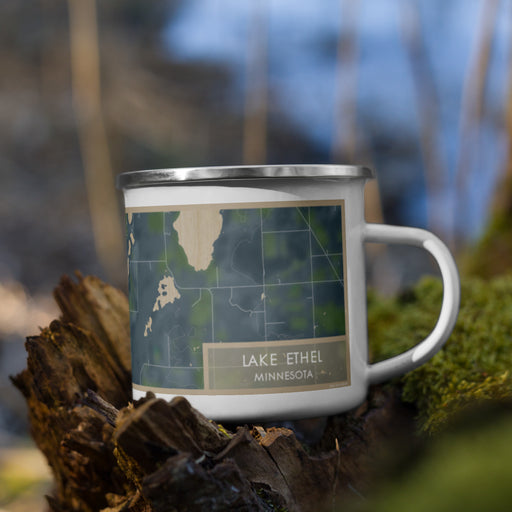 Right View Custom Lake Ethel Minnesota Map Enamel Mug in Afternoon on Grass With Trees in Background