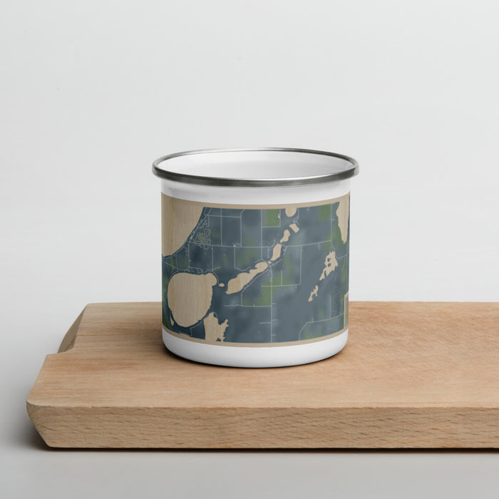 Front View Custom Lake Ethel Minnesota Map Enamel Mug in Afternoon on Cutting Board