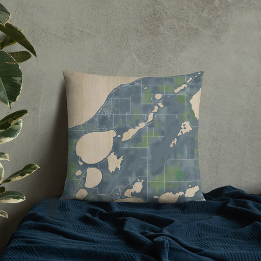 Custom Lake Ethel Minnesota Map Throw Pillow in Afternoon on Bedding Against Wall