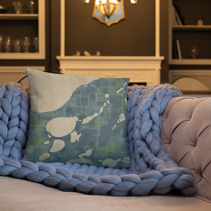 Custom Lake Ethel Minnesota Map Throw Pillow in Afternoon on Cream Colored Couch