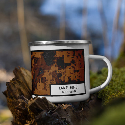 Right View Custom Lake Ethel Minnesota Map Enamel Mug in Ember on Grass With Trees in Background