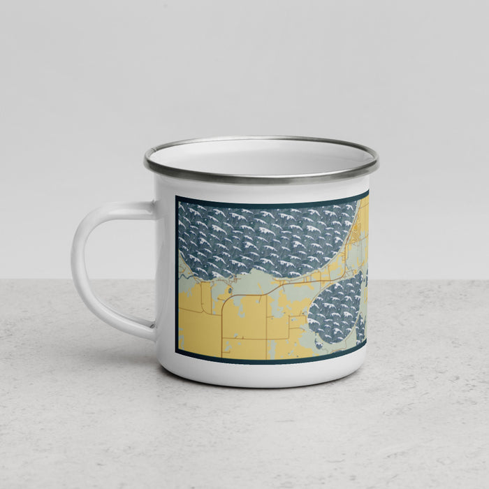 Left View Custom Lake Ethel Minnesota Map Enamel Mug in Woodblock