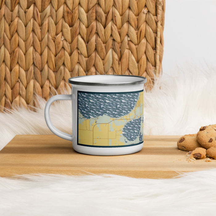 Left View Custom Lake Ethel Minnesota Map Enamel Mug in Woodblock on Table Top