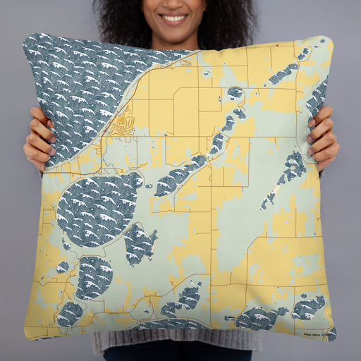 Person holding 22x22 Custom Lake Ethel Minnesota Map Throw Pillow in Woodblock