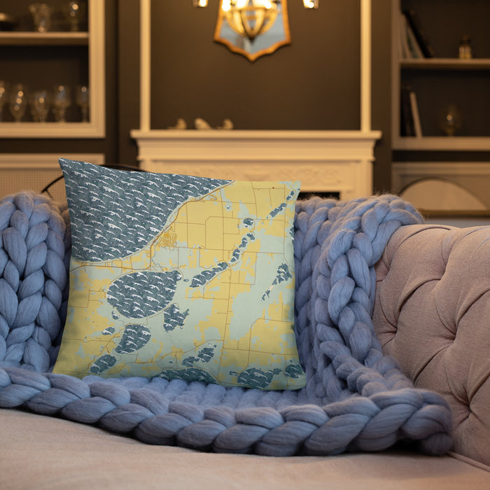 Custom Lake Ethel Minnesota Map Throw Pillow in Woodblock on Cream Colored Couch